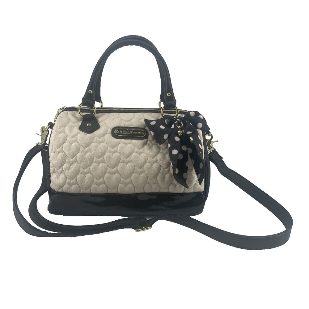 Betsey Johnson Quilted Heart Purse  Bow Cream Black Crossbody Strap Satchel
